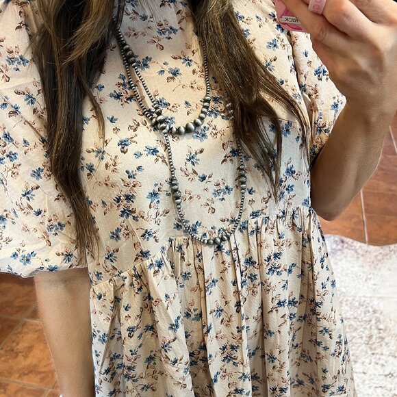 B268 Beige Floral Puff Short Sleeve Empire Waist Mini Dress - Picture 4 of 13